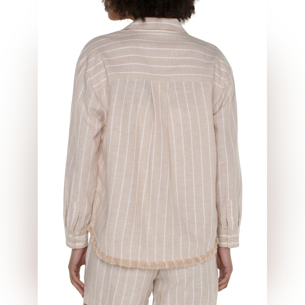 XL LIVERPOOL Linen Blend Striped Button Down Fringe Hem Lagenlook Shirt - Picture 4 of 8